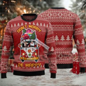 Dont Worry Be Happy Santa And Reindeer Ugly Christmas Sweater Most
