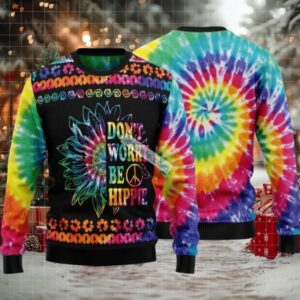 Dont Worry Be Hippie Flowers Ugly Sweaters For Christmas Ugliest