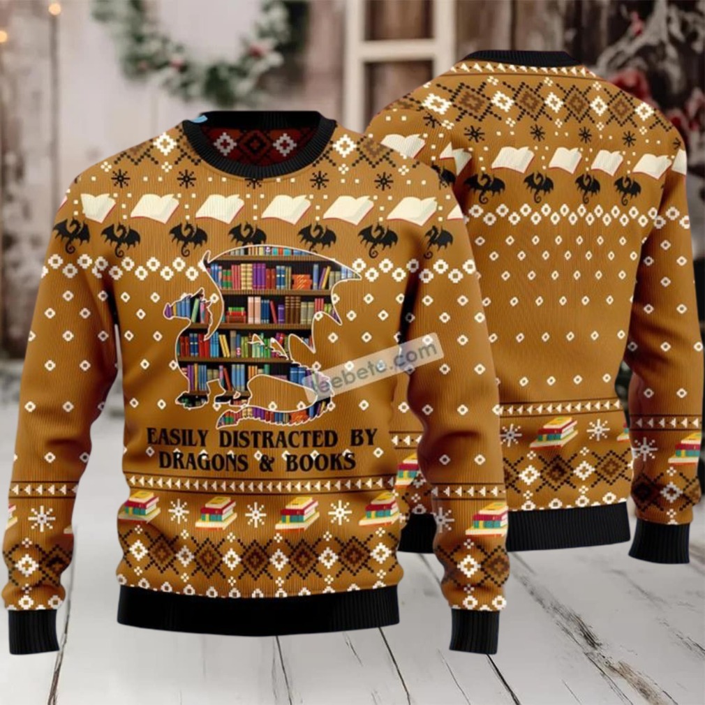 Dragon Library Book Ugly Christmas Sweatshirt For Men Yellow