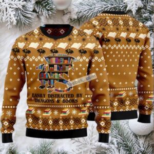 Dragon Library Book Ugly Christmas Sweatshirt For Men Yellow