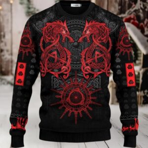 Dragon Red Pattern Viking Ugly Christmas Sweater