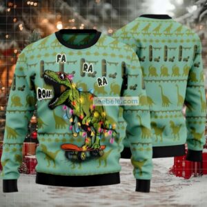 Fa Ra Ra Roar Skateboard Dinosaur Ugly Christmas Sweater Green