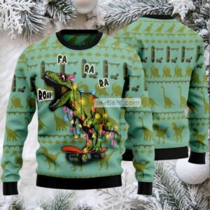 Fa Ra Ra Roar Skateboard Dinosaur Ugly Christmas Sweater Green