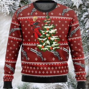Festive Anime Xmas Sweater – Unique Holiday Design With Christmas Tree & Guns