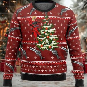 Festive Anime Xmas Sweater – Unique Holiday Design With Christmas Tree & Guns