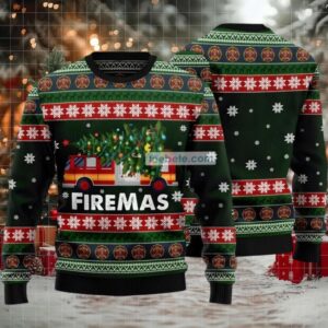 Firefighter Firemas Carry Xmas Tree Ugly Christmas Sweater Green Big And Tall