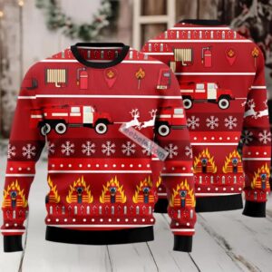 Firefighter Gift For Dad Ugly Christmas Sweater Red Cool