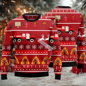 Firefighter Gift For Dad Ugly Christmas Sweater Red Cool