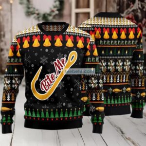 Fishing Gifts Bite Me Xmas Bell Ugly Christmas Sweater Black