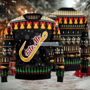 Fishing Gifts Bite Me Xmas Bell Ugly Christmas Sweater Black