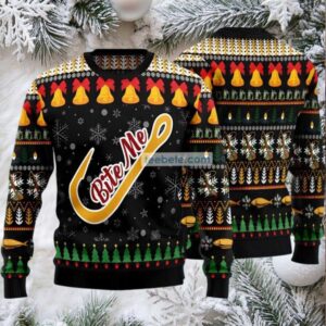 Fishing Gifts Bite Me Xmas Bell Ugly Christmas Sweater Black