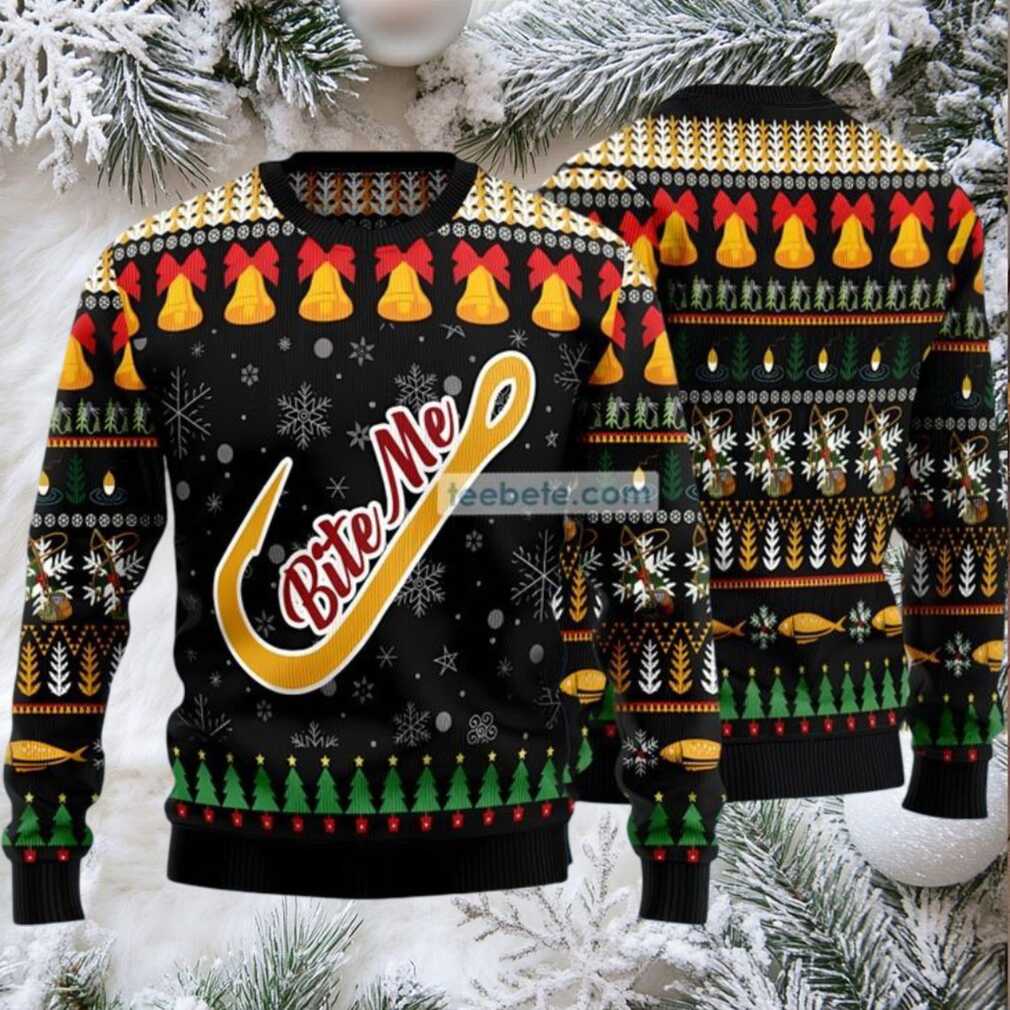 Fishing Gifts Bite Me Xmas Bell Ugly Christmas Sweater Black Fishing Gifts Bite Me Xmas Bell Ugly Christmas Sweater Black
