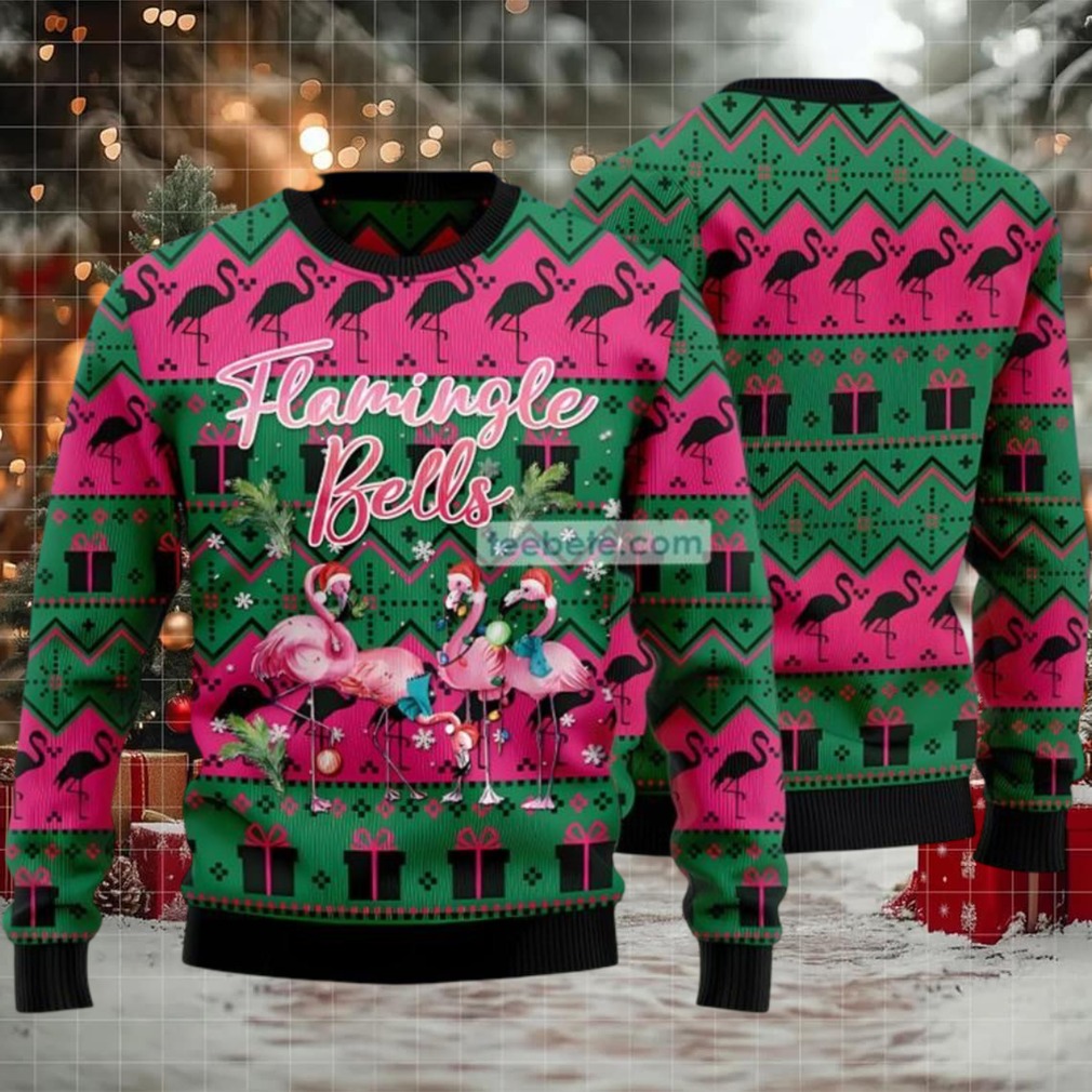 Flamingle Bells Ugly Christmas Sweater Green Family