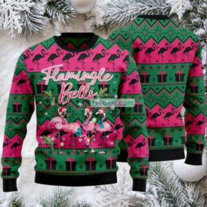 Flamingle Bells Ugly Christmas Sweater Green Family