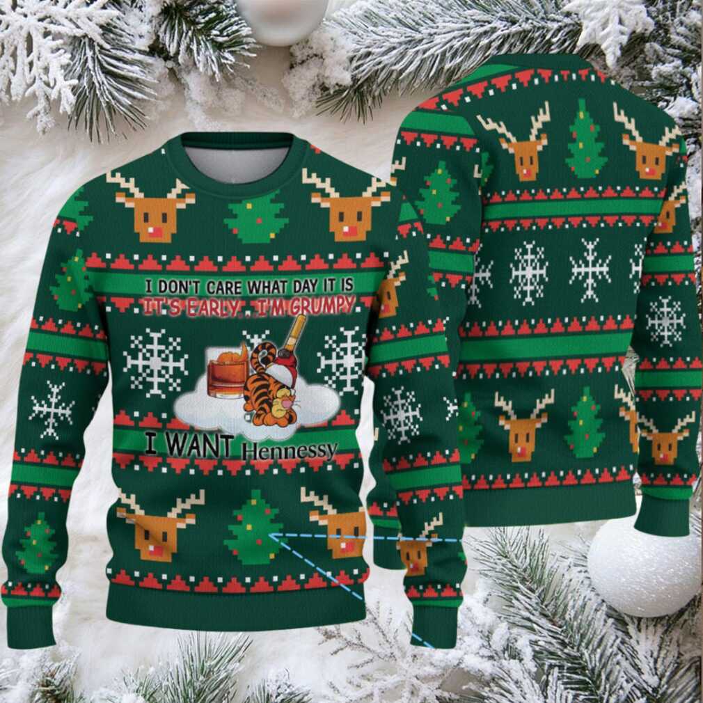 Forest Green Reindeer & Christmas Tree Snowflake Hennessy Themed Ugly Christmas Sweater Forest Green Reindeer & Christmas Tree Snowflake Hennessy Themed Ugly Christmas Sweater
