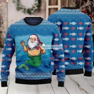Funny Satan Claus Mermaid Ugly Christmas Sweater Blue Couples