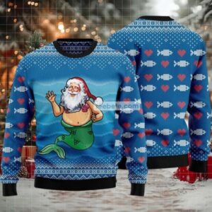 Funny Satan Claus Mermaid Ugly Christmas Sweater Blue Couples