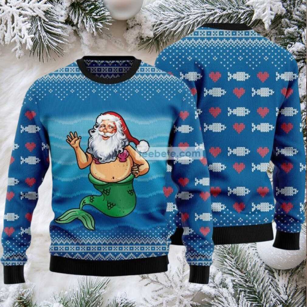 Funny Satan Claus Mermaid Ugly Christmas Sweater Blue Couples Funny Satan Claus Mermaid Ugly Christmas Sweater Blue Couples