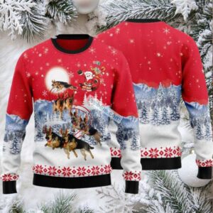 German Shepherd Pulls Santa Claus Sleigh Ugly Christmas Sweater Red Mens