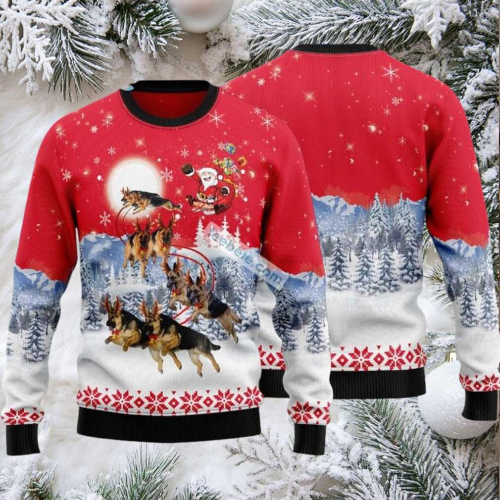 German Shepherd Pulls Santa Claus Sleigh Ugly Christmas Sweater Red Mens - Front View