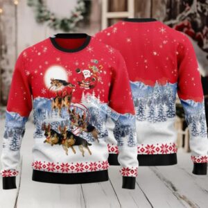 German Shepherd Pulls Santa Claus Sleigh Ugly Christmas Sweater Red Mens