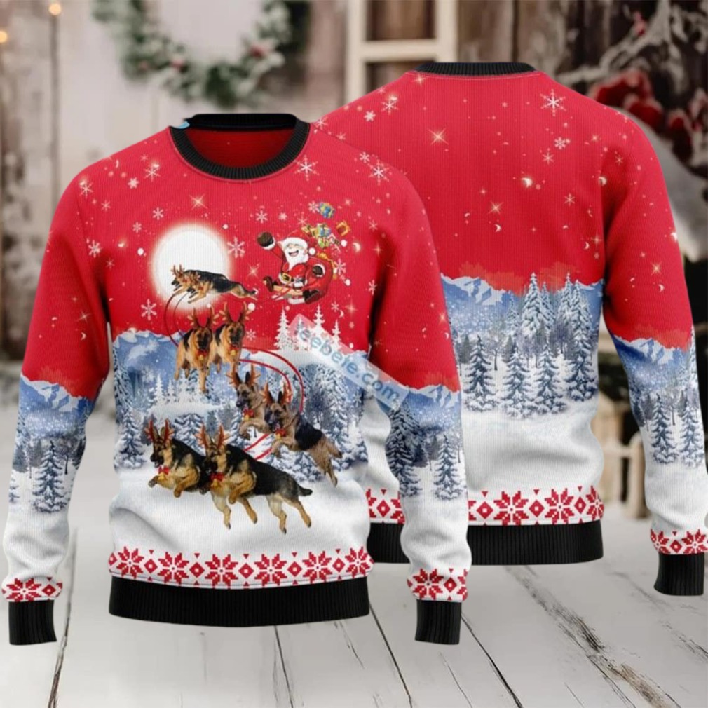 German Shepherd Pulls Santa Claus Sleigh Ugly Christmas Sweater Red Mens - Detail Shot