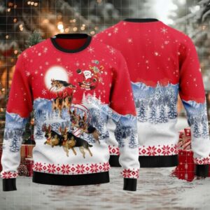 German Shepherd Pulls Santa Claus Sleigh Ugly Christmas Sweater Red Mens