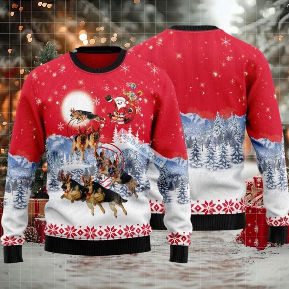 German Shepherd Pulls Santa Claus Sleigh Ugly Christmas Sweater Red Mens German Shepherd Pulls Santa Claus Sleigh Ugly Christmas Sweater Red Mens