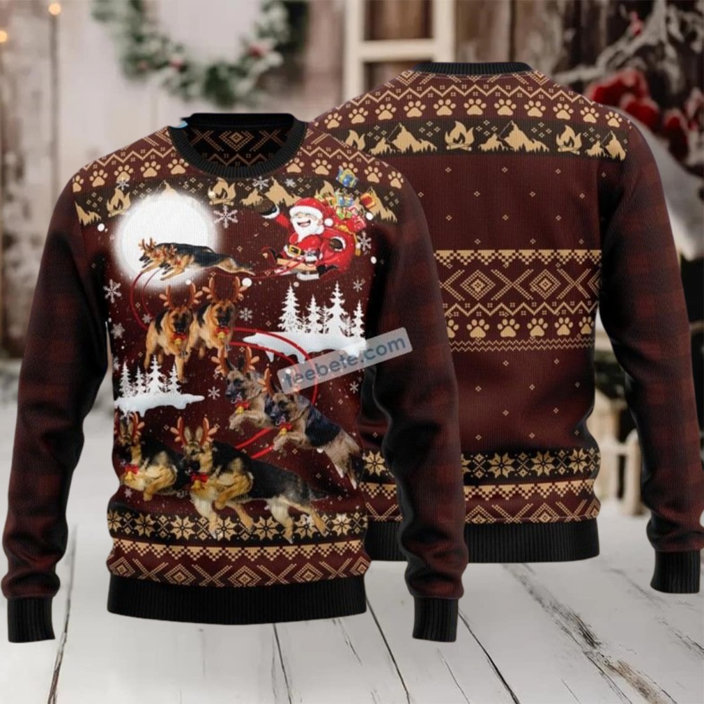 German Shepherd Reindeers Car Santa Claus Couples Ugly Christmas Sweaters - Detail Shot
