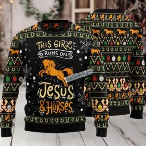 Girls Run On Jesus And Horses Ugly Christmas Sweater Black Naughty