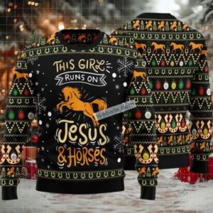 Girls Run On Jesus And Horses Ugly Christmas Sweater Black Naughty