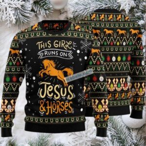 Girls Run On Jesus And Horses Ugly Christmas Sweater Black Naughty