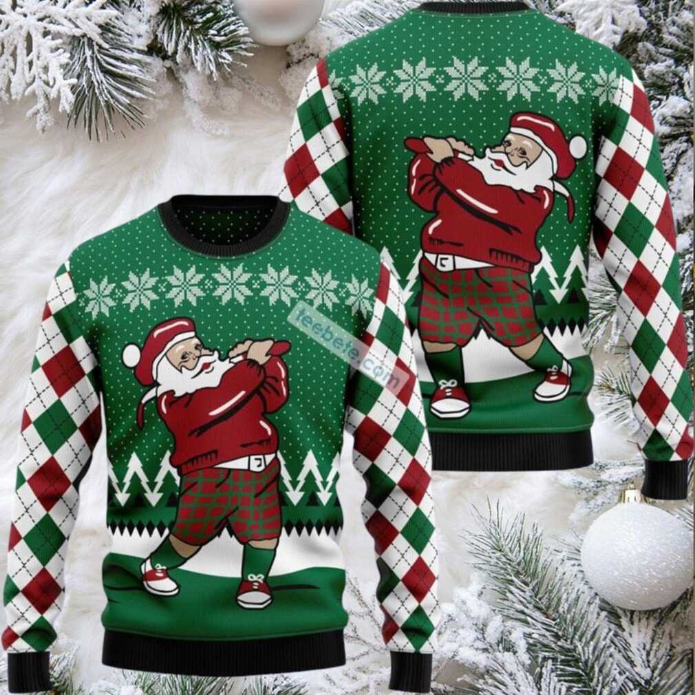 Golfer Santa Ugly Christmas Sweatshirt Green Best - Front View