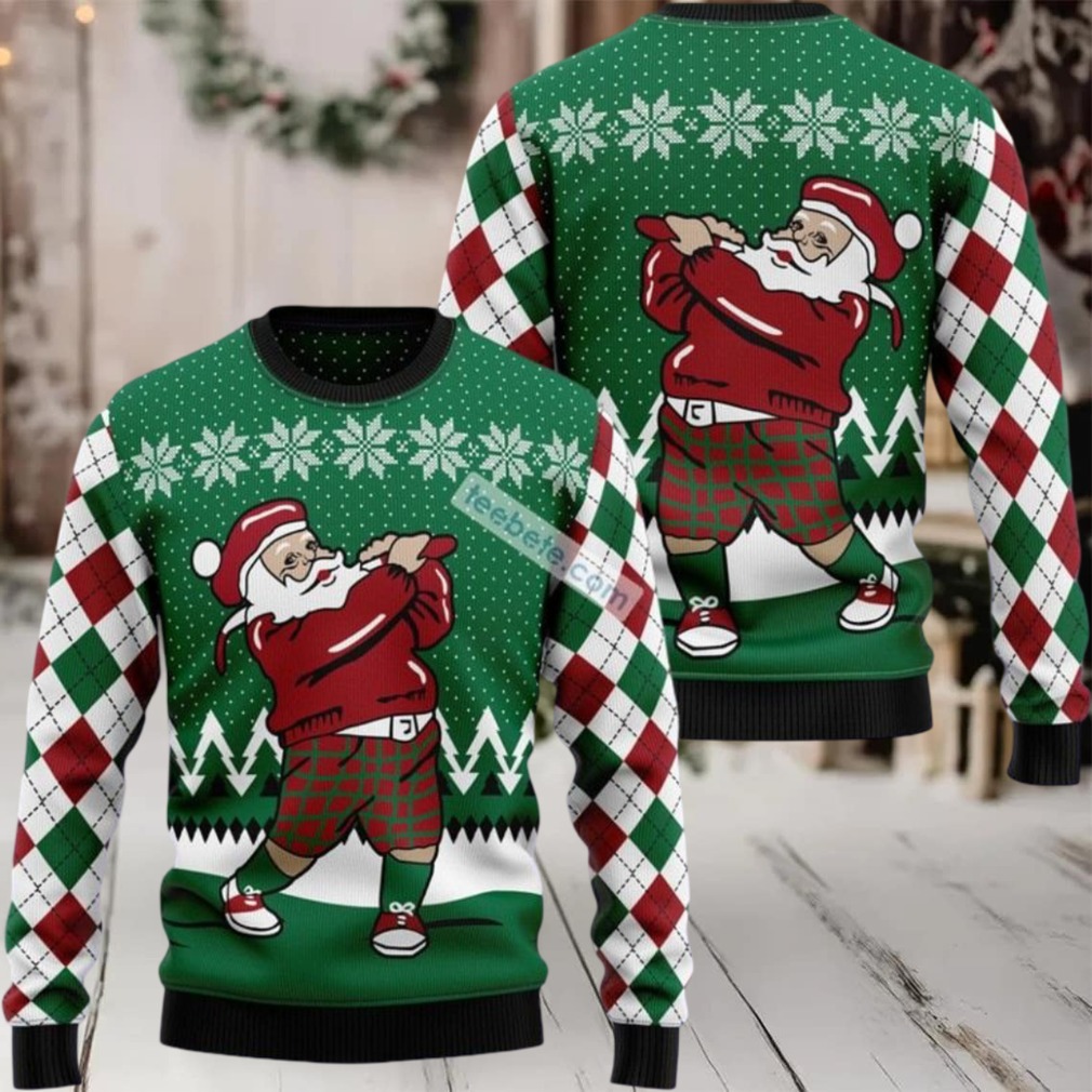 Golfer Santa Ugly Christmas Sweatshirt Green Best - Detail Shot