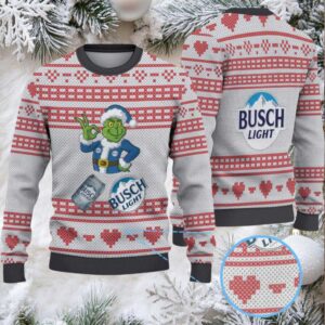 Gray & Red Heart Pattern “Busch Light Grinch Santa” Ugly Christmas Sweater