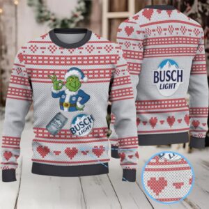 Gray & Red Heart Pattern “Busch Light Grinch Santa” Ugly Christmas Sweater