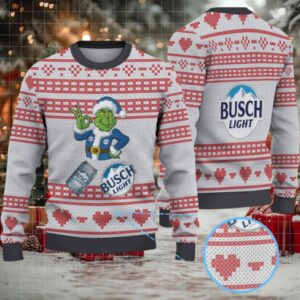 Gray & Red Heart Pattern “Busch Light Grinch Santa” Ugly Christmas Sweater