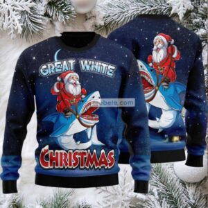 Great White Santa Claus Riding Shark Ugly Sweaters For Couples