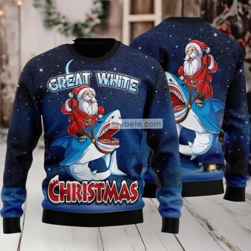 Great White Santa Claus Riding Shark Ugly Sweaters For Couples - Second image