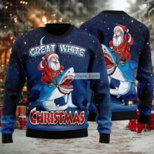 Great White Santa Claus Riding Shark Ugly Sweaters For Couples
