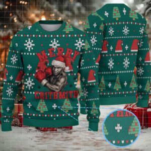 Green Fair Isle Snowflake Ugly Christmas Sweater Mike Tyson in Santa Hat with Boxing Gloves and Christmas Tree Pattern
