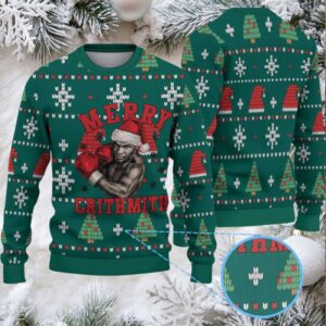Green Fair Isle Snowflake Ugly Christmas Sweater Mike Tyson in Santa Hat with Boxing Gloves and Christmas Tree Pattern