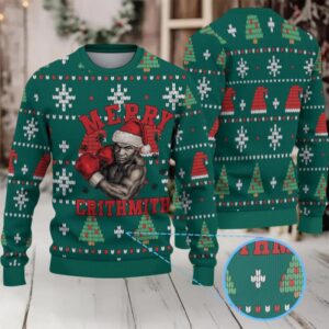 Green Fair Isle Snowflake Ugly Christmas Sweater Mike Tyson in Santa Hat with Boxing Gloves and Christmas Tree Pattern