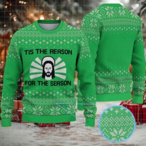 Green Fair Isle Snowflake Ugly Christmas Sweater Stranger Things Theme Tis the Reason Graphic