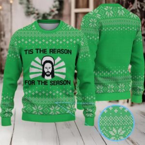 Green Fair Isle Snowflake Ugly Christmas Sweater Stranger Things Theme Tis the Reason Graphic