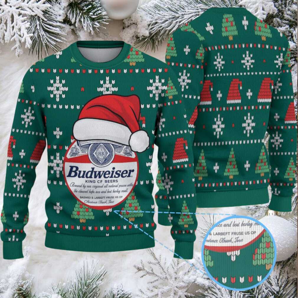 Green Red Holiday Pattern Budweiser Santa Hat “King of Beers” Ugly Christmas Sweater Green Red Holiday Pattern Budweiser Santa Hat “King of Beers” Ugly Christmas Sweater