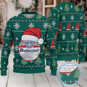 Green Red Holiday Pattern Budweiser Santa Hat “King of Beers” Ugly Christmas Sweater