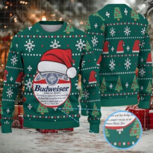 Green Red Holiday Pattern Budweiser Santa Hat “King of Beers” Ugly Christmas Sweater