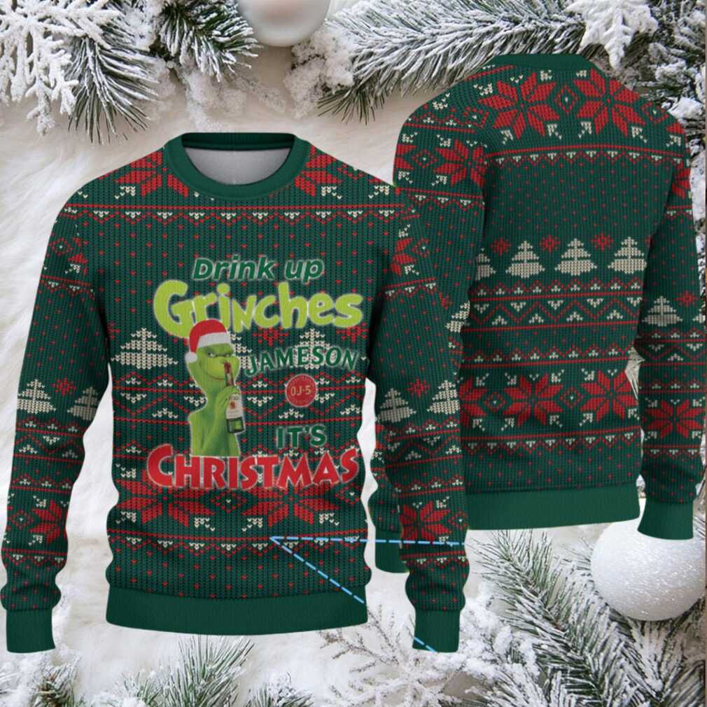 Green Red Snowflake and Tree Pattern “Drink Up Grinches – It’s Christmas” Ugly Christmas Sweater Featuring Jameson Irish Whiskey Green Red Snowflake and Tree Pattern “Drink Up Grinches – It’s Christmas” Ugly Christmas Sweater Featuring Jameson Irish Whiskey