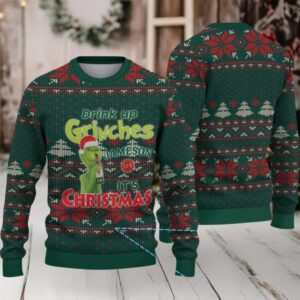 Green Red Snowflake and Tree Pattern “Drink Up Grinches – It’s Christmas” Ugly Christmas Sweater Featuring Jameson Irish Whiskey